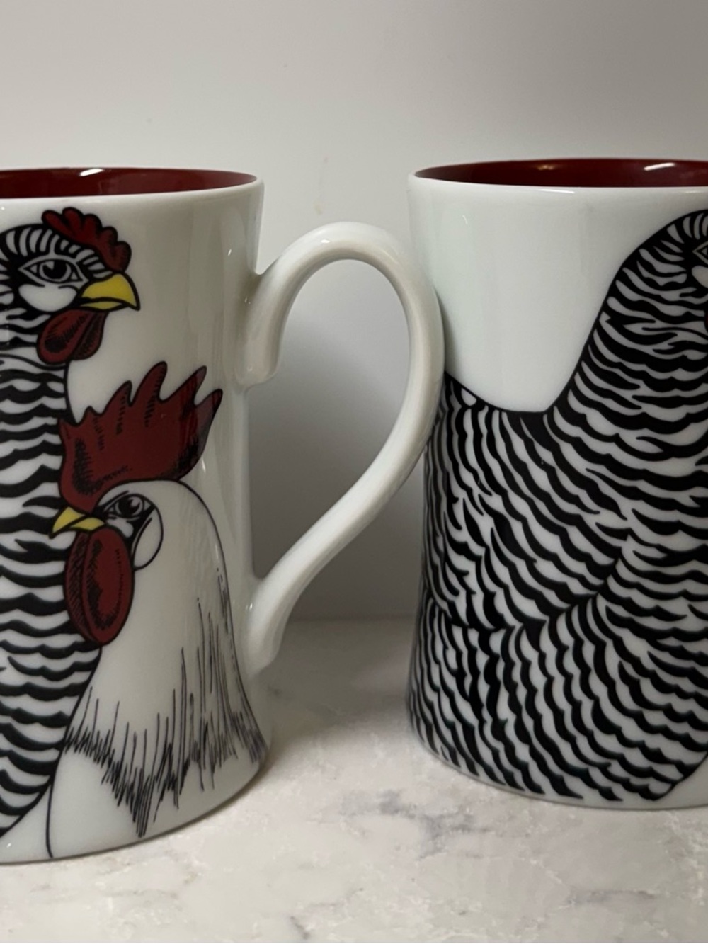 Fitz and Floyd White Rooster Mugs with Red Interior